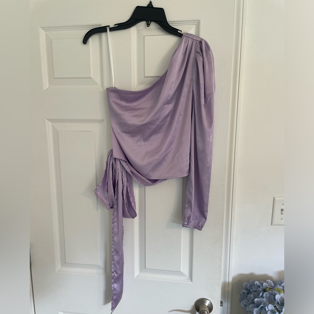 More To Come satin one shoulder tie top